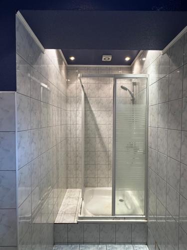 a bathroom with a shower and a tub at Bauska Old Town Apartments in Bauska