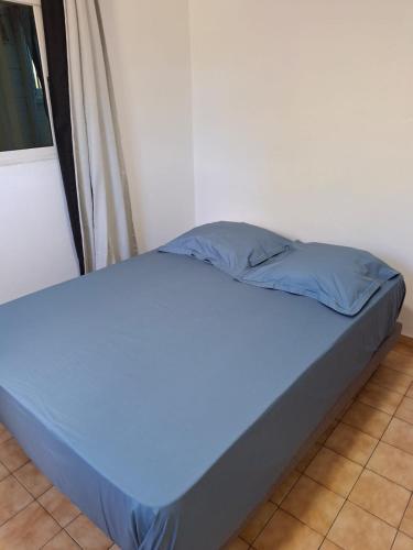 a bed in a room with a blue pillow at KARENGA house type F4 in Sainte-Anne