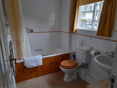 a bathroom with a toilet and a tub and a sink at Nethergate Cottage, Westerclose, Withypool in Withypool