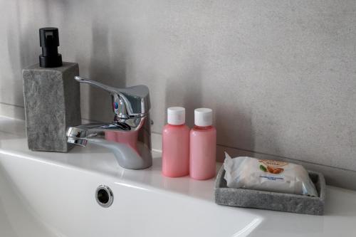 a bathroom sink with two bottles of soap and a faucet at Casa vacanze Aria in Leggiuno