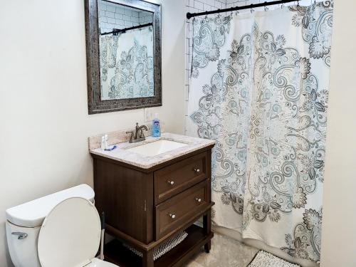 a bathroom with a sink and a shower curtain at Spacious 2-BR 1-Bath King suite! in Plainville