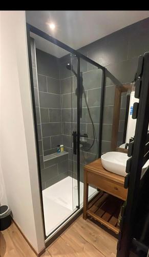 une salle de bain avec une douche en verre et un lavabo dans l'établissement 'Le Bellevue' coté Montagne BY P&T, à Font-Romeu