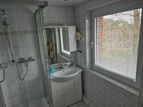 a bathroom with a sink and a shower and a mirror at Hotel Pension Loose in Borkum