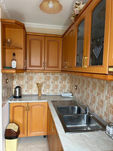 a kitchen with wooden cabinets and a sink at Guest House Dimos Kristi in Përmet