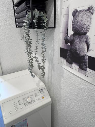 a teddy bear sitting on a shelf above a washing machine at Ferienwohnung am Hoeschplatz in Düren - Eifel