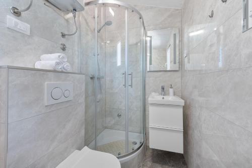 a bathroom with a shower and a toilet and a sink at Villa Almas with swimming pool, tennis court, sauna, gym, grill house in Neorić