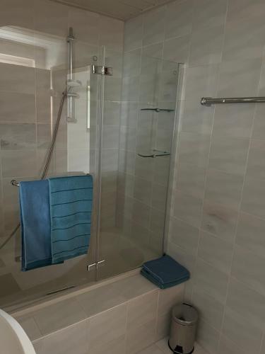 a shower with a blue seat in a bathroom at Ferienwohnung nahe Ulm/Laupheim in Laupheim