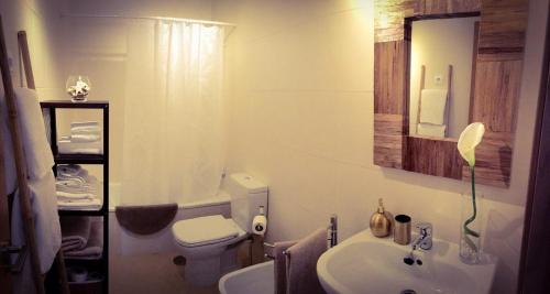 a bathroom with a white toilet and a sink at Las Terrazas de la Torre in Las Pedreñas