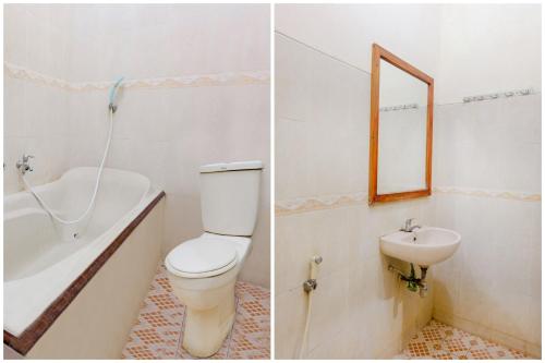 two pictures of a bathroom with a toilet and a sink at Hotel O otel Graha Prima in Tamperan
