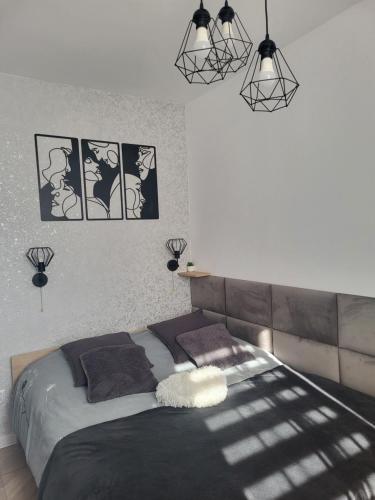 Un dormitorio con una cama con dos cuadros en la pared. en Apartament M&K z widokiem na Stare Miasto, en Zamość
