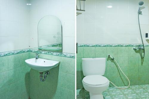 two pictures of a bathroom with a toilet and a sink at Collection O R.Sukamto Near Palembang Trade Center Mall in Palembang