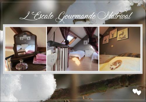 a collage of pictures of a bedroom and a room at L'Escale Gourmande in Hatrival