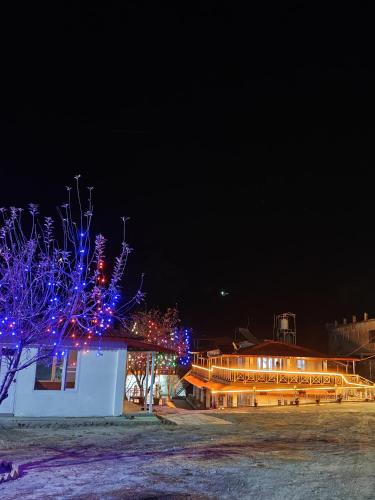 a building with christmas lights on it at night at The Whitegrove Retreat in Mukteswar