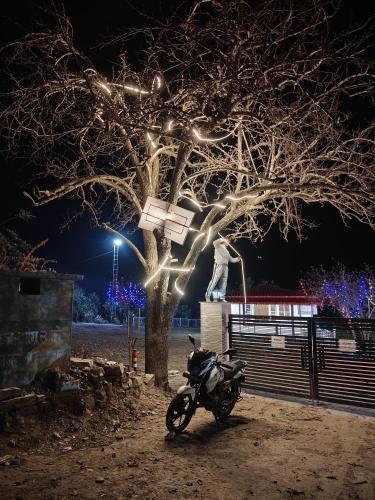 a motorcycle parked next to a tree at night at The Whitegrove Retreat in Mukteswar