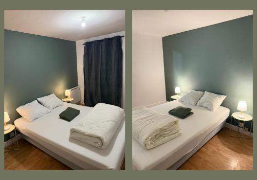 two pictures of a bedroom with a bed and a room with at 10 minutes from Futuroscope in Migné-Auxances