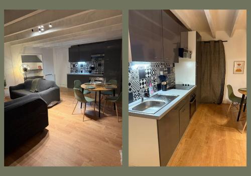 a kitchen and a living room with a couch and a table at 10 minutes from Futuroscope in Migné-Auxances