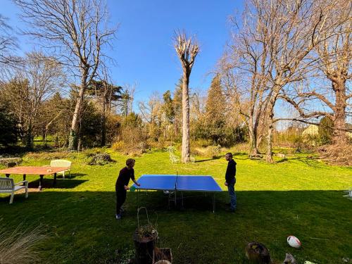 two men playing ping pong on a ping pong table at YXIE - Manoir des Arts in Villeblevin