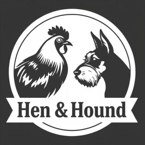 two illustrations of chickens and a hen and home label at Hen & Hound in Gqeberha