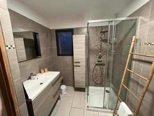 une salle de bain avec une douche en verre et un lavabo dans l'établissement maison de vacance en corse, à Borgo