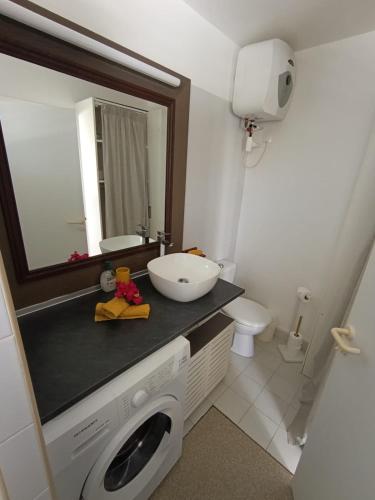 a bathroom with a sink and a washing machine at Une vague de plaisir in Saint-François
