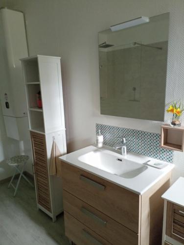 łazienka z umywalką i lustrem w obiekcie Gîte l'Olivianne w mieście Crépy-en-Valois