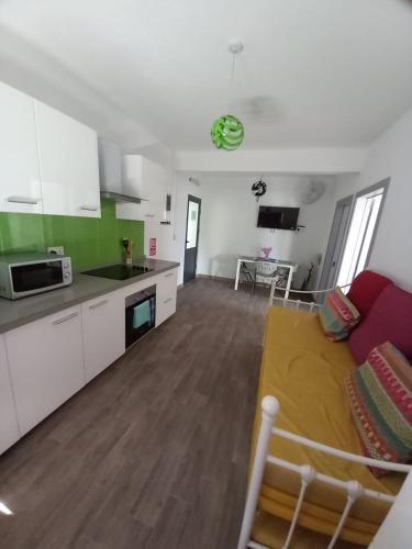 a kitchen and living room with a couch and a table at Ibis Tourist Residence 1 in Mahébourg