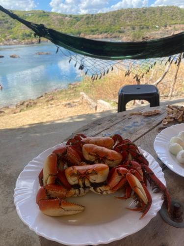 a plate of crabs on a table with a view of the water at Chalé Velho Chico in Canindé de São Francisco