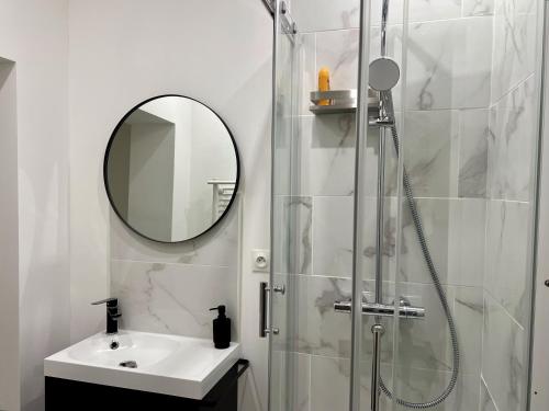 une salle de bain avec une douche, un lavabo et un miroir dans l'établissement City Center, Calm & Fresh, à Aix-en-Provence