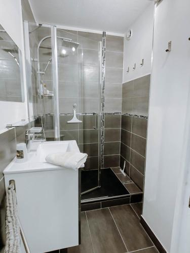 une salle de bain avec douche et lavabo dans l'établissement T3 avec vue mer imprenable dans une résidence avec piscine, à Six-Fours-les-Plages