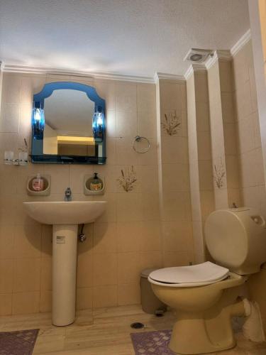 a bathroom with a toilet and a sink and a mirror at NOX Apartment A4 in Chios