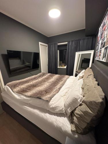 a bedroom with a large bed and two windows at 3-room downtown apartment in Trondheim