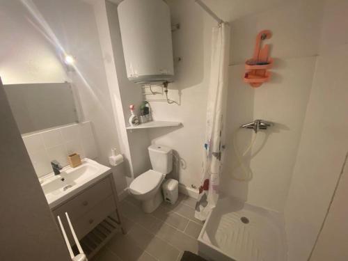 une salle de bain blanche avec des toilettes et un lavabo dans l'établissement Appartement front de mer port leucate, à Leucate-Plage