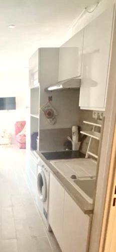 une cuisine blanche avec un évier et une machine à laver dans l'établissement Appartement front de mer port leucate, à Leucate-Plage