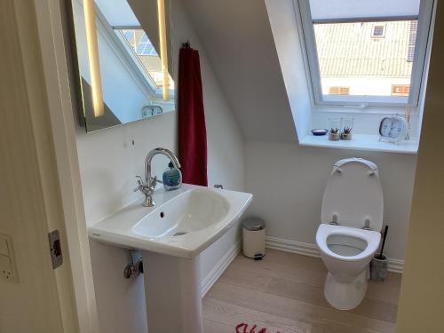 a bathroom with a sink and a toilet with a window at Dejlig feriehus i den gamle bydel in Løgstør