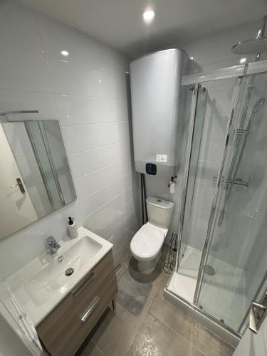 une salle de bain avec toilettes, douche et lavabo dans l'établissement Modern studio near Stade Vélodrome metro station, à Marseille