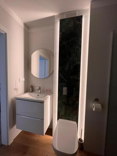 a bathroom with a sink and a toilet and a mirror at Apartamenty Novela Centrum in Słupsk
