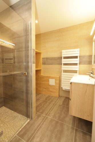 une salle de bain avec douche et lavabo dans l'établissement Les Terrasses de l Oliveraie, à Mireval