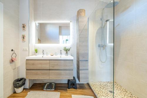 une salle de bain avec un lavabo et une douche dans l'établissement Cosy 4 pièces clim Terrasse Jacuzzi, à Nice
