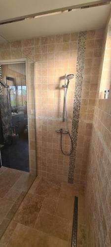a shower in a bathroom with a tile wall at La tête dans les étoiles in Breteil