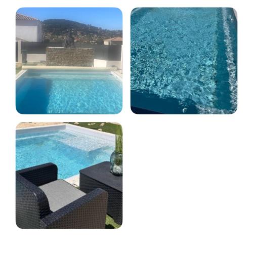 un collage de trois photos d'une piscine dans l'établissement Suite parentale, au Beausset