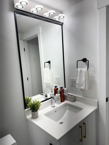 a bathroom with a white sink and a large mirror at Charming Basement Suite in Edmonton