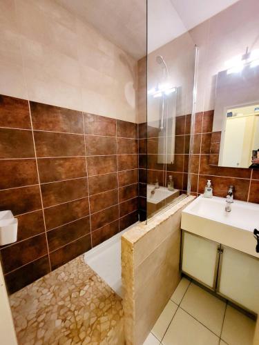 une salle de bain avec un lavabo et un miroir dans l'établissement Studio 4 personnes sur la Presqu'île de Giens avec piscine et accès direct sur la plage, à Hyères