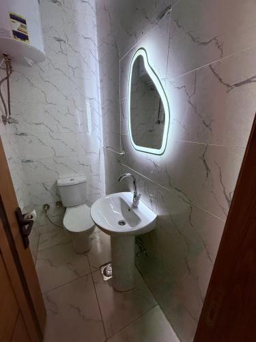 a bathroom with a sink and a toilet and a mirror at Locanda pyramids view in Cairo