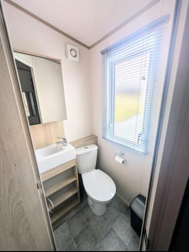a white bathroom with a toilet and a sink at Wallows Lodge with private hot tub in St Austell