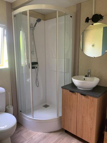 une salle de bain avec douche et lavabo dans l'établissement Camping Calme et Nature Iserand, à Vion