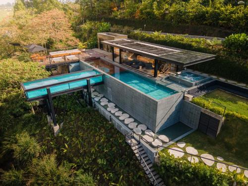 an overhead view of a house with a swimming pool at Bio Habitat Hotel in Armenia