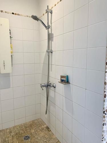 La salle de bains est pourvue d'une douche et de murs carrelés blancs. dans l'établissement Maison de charme séjour à la ferme La Petite Sabliere, à Saint-Just