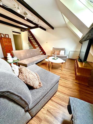 un salon avec un canapé et une télévision dans l'établissement Duplex cosy en hypercentre de Thionville - 3min à pied de la gare, à Thionville