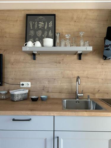 a kitchen counter with a sink and a shelf at Hasselberger Huus in Hasselberg