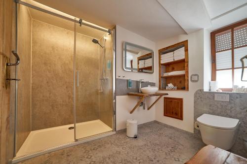a bathroom with a shower and a toilet and a sink at Schinkel Ferienunterkünfte UNESCO Welterbestadt Quedlinburg, beste Lage inklusive Parkplatz & Kurtaxe in Quedlinburg